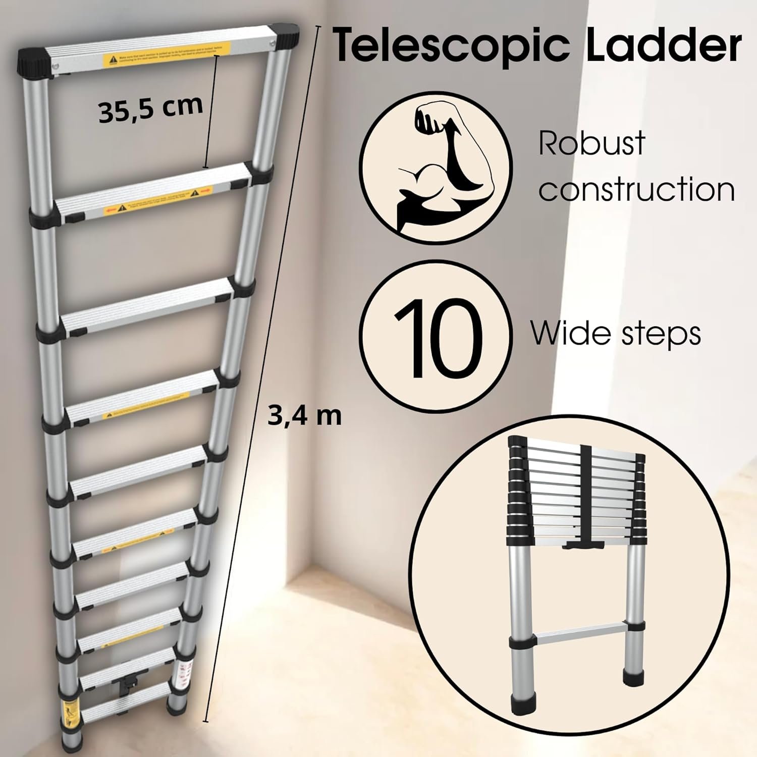 Échelle télescopique légère 10 marches| Échelle compacte et durable 14 Échelle télescopique légère