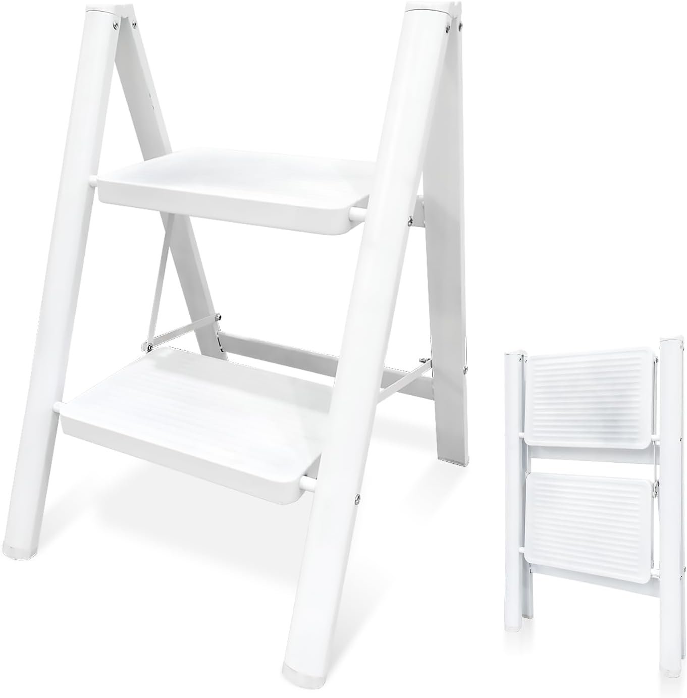 KINGRACK Ladder 3 Treden Passeer 400kg Test, Opvouwbaar Trapladder Huishoudtrap Vouwladder met Brede Antislip Pedalen, Leuningen, Veiligheidsslot, Huishoudladder Opstapkruk voor Thuis Kantoor Tuin Wit