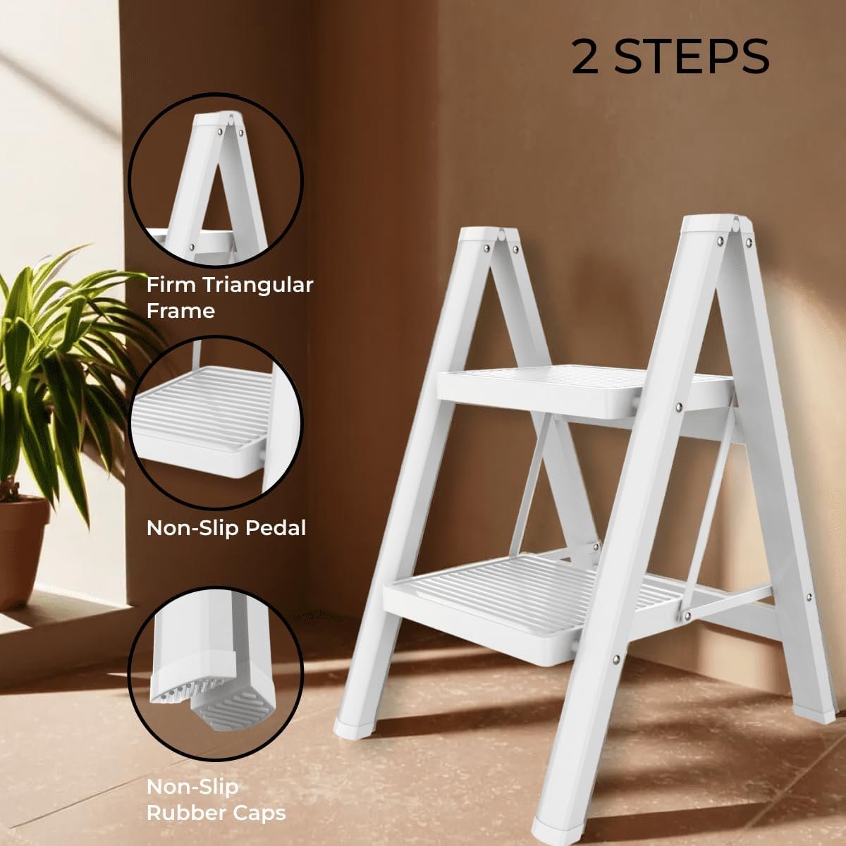 BAOYOUNI 3-staps ladder opvouwbare opstapkruk draagbare lichtgewicht aluminium trap met anti-slip brede pedalen 330 lbs capaciteit voor thuis keuken tuin kantoor - zwart houtnerf kleur