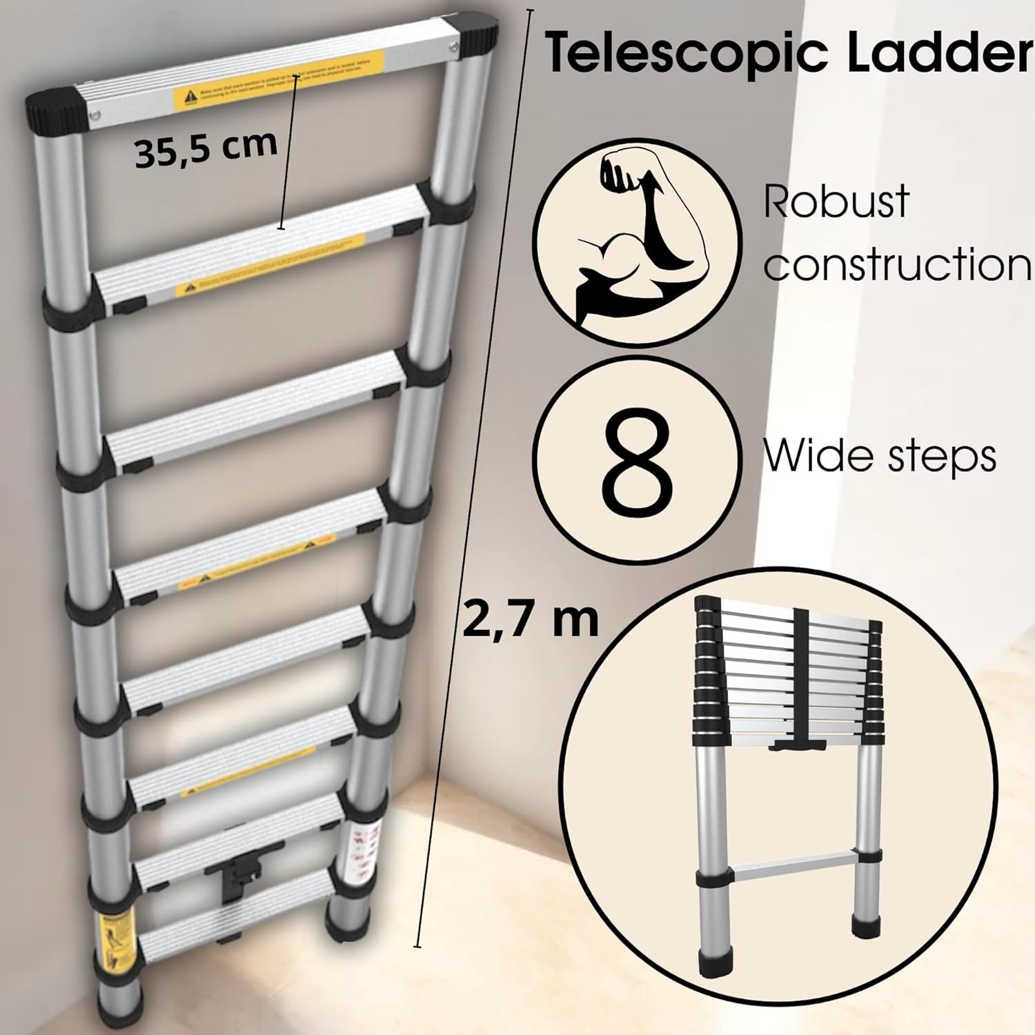 Collapsible Extension Ladder 8 ft | Lightweight & Durable Telescopic Step Ladder 15 telescopic ladder